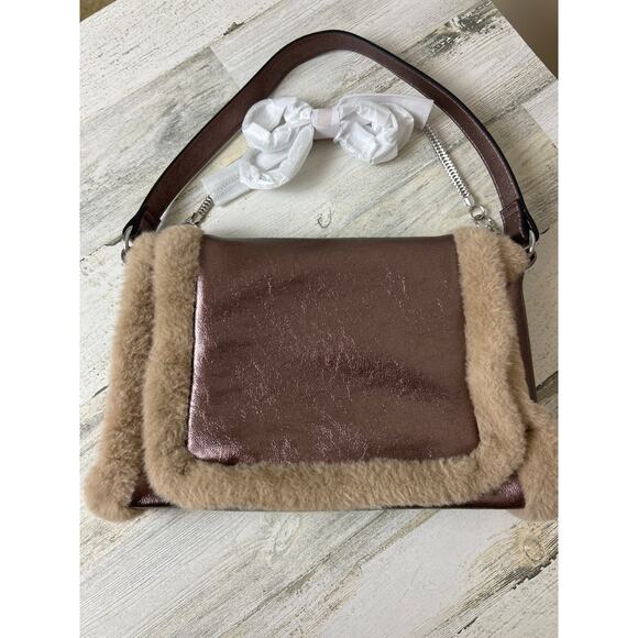 BCBGeneration Faux Bronze Leather Shoulder Crossbody Bag Fur Trim Boho New - Picture 1 of 5